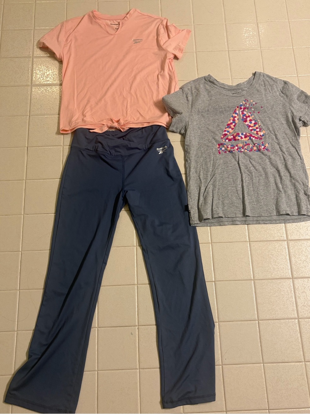 Reebok Pink Tee, Gray Graphic Tee & Navy Leggings Active Set